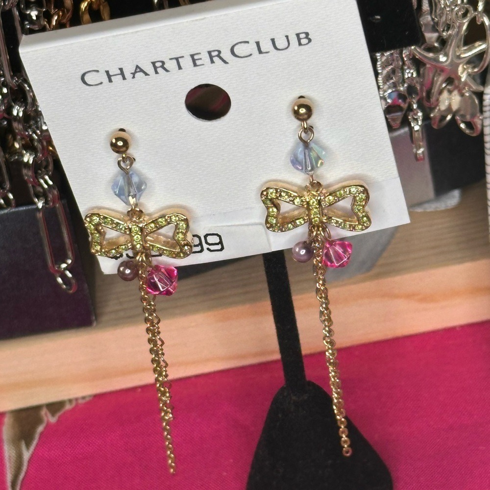 Charter Club Gold Tone Bow Crystal Tassel 3" Drop Earrings Green Pink Blue NEW
